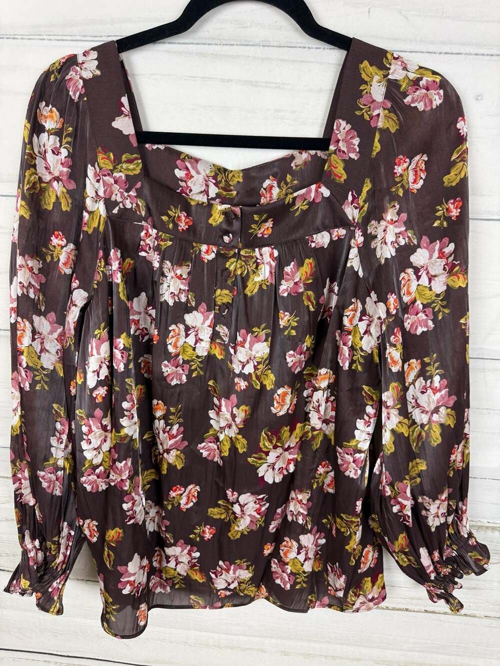 LC Lauren Conrad Women's Brown Floral Square Neck Long Sleeve Henley Peasant Blo